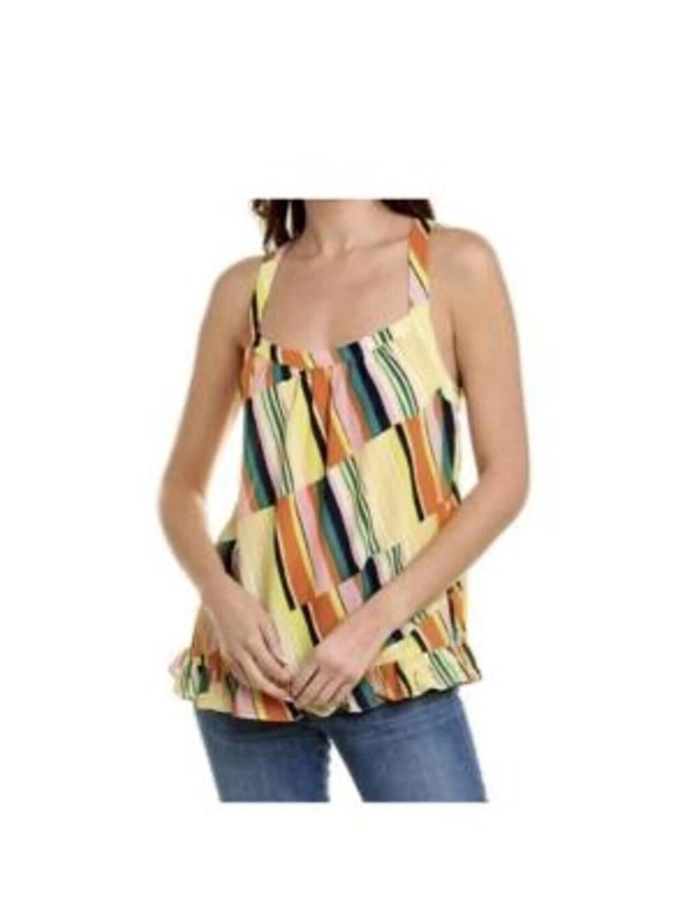 CAbi Rainbow Multicolor Broken Striped Skip Halter Sleeveless Tank Top Blouse